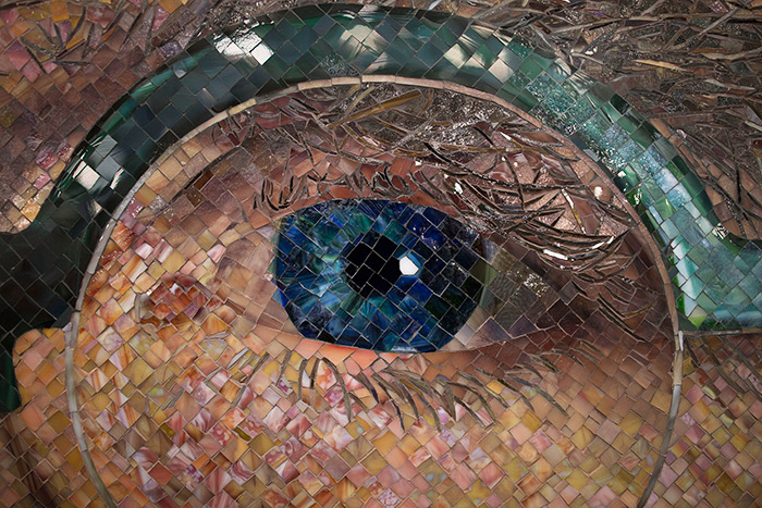 Close up of Chuck Close self-portrait mosaic