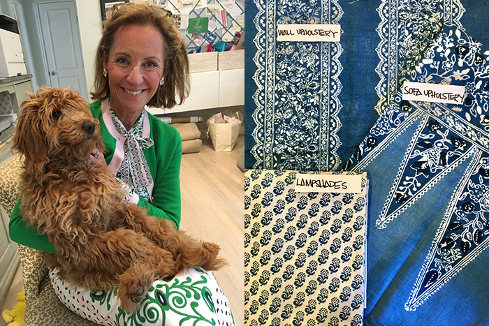Cathy Kincaid and Lilabet (left), Fabric swatches by Lisa Fine for Cathy Kincaid