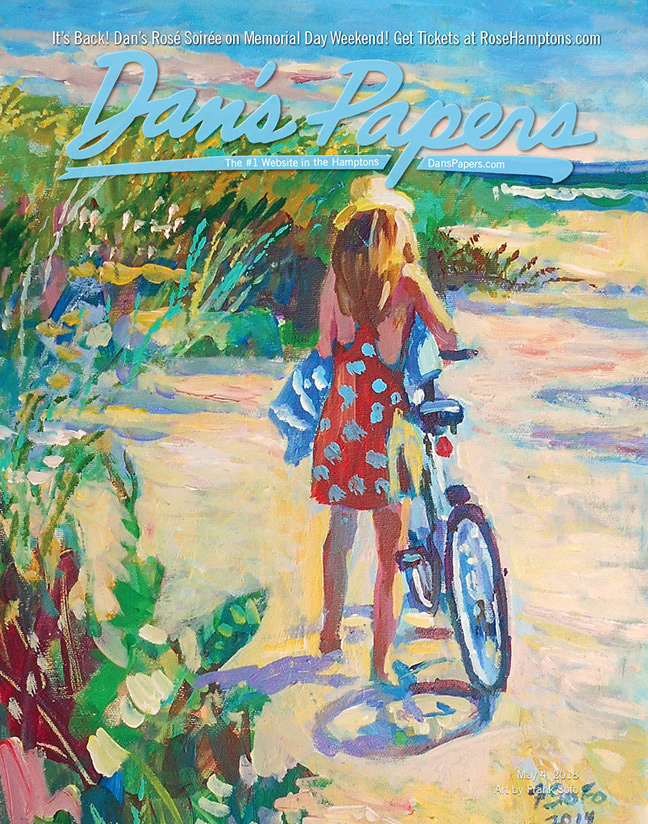May 4, 2018 Dan's Papers cover painting by Frank Sofo showing girl in sundress walking her bike on the beach in summer