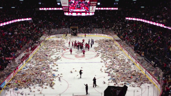 Teddy Bear Toss Video Still from Calgary Hitmen game on December 2, 2012.