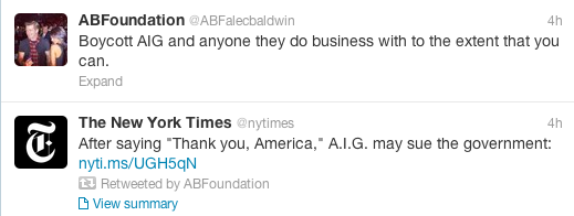 ABFoundation AIG tweet screenshot Screenshot of tweets by Alec Baldwin's ABFoundation about boycotting AIG