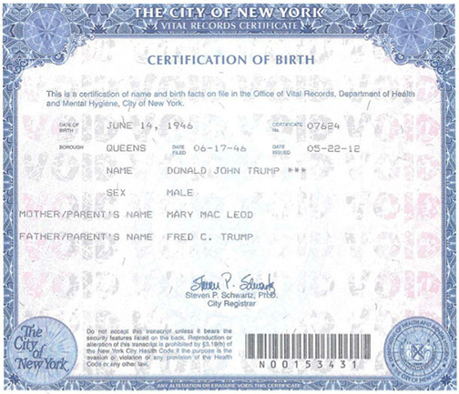 trumps birth certificateCROPPED Donald Trump's birth certificate, sent to Bill Maher