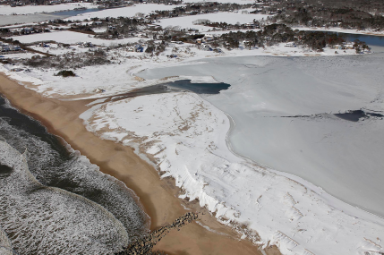 Georgica Pond in Wainscott from the air, after the blizzard.
