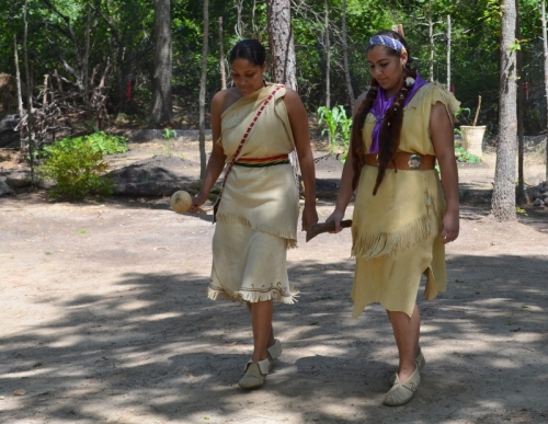 Cholena Smith and Brianna Flemming doing the Women's traditional Green Corn Dance at the Wikun Living History Village Site.