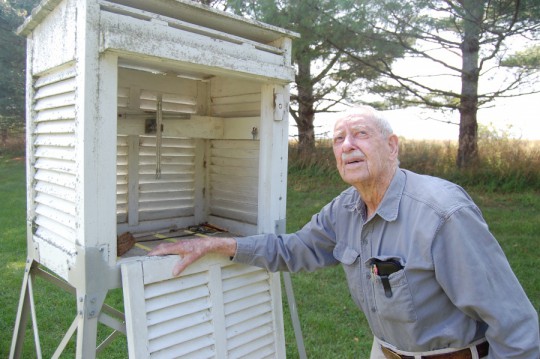 Richard Hendrickson at his weather station. Photo credit: Brendan J. O'Reilly