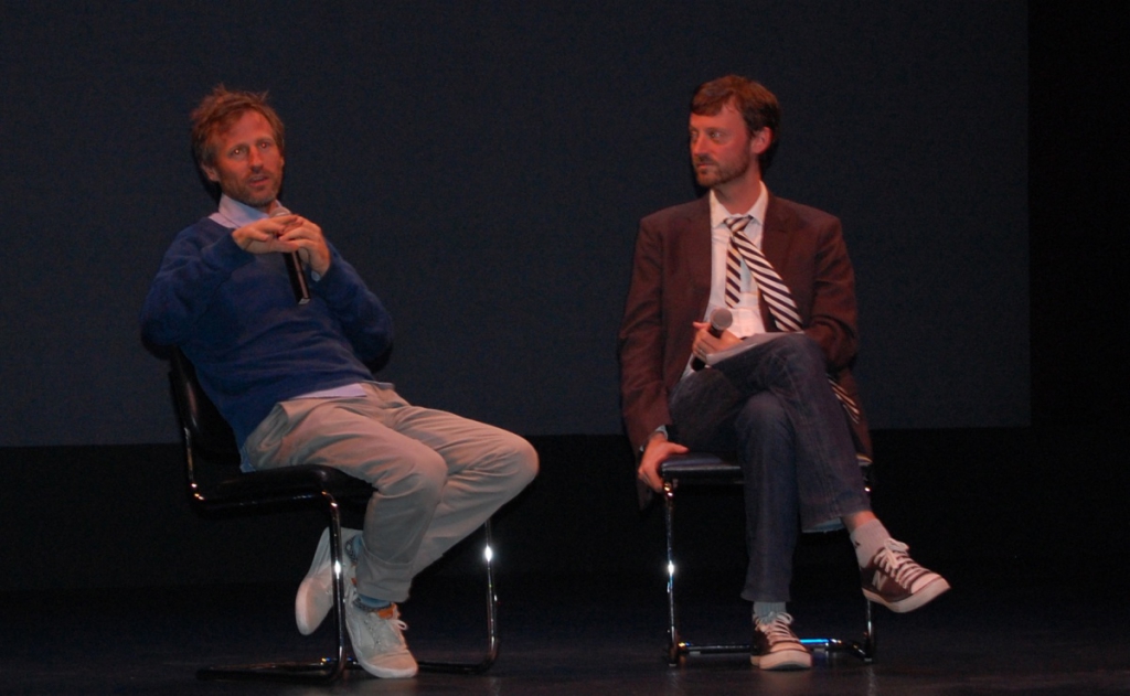 "Her" director Spike Jonze and Hamptons International Film Festival artistic director David Nugent on stage at Guild Hall in East Hampton.