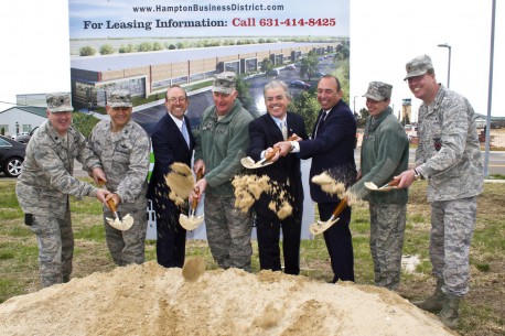 Lt. Col. Charlie Killian, Col. Nick Broccoli, Mitchell Rechler, Wing Commander Col. Tom Owens, Suffolk County Executive Steve Bellone, Gregg Rechler, Command Chief Diana Manno, and Maj. Dave Carrick.