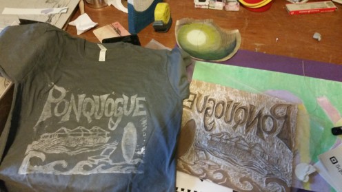 Carolyn Munaco's carved linoleum block printed Ponquogue T-shirts.