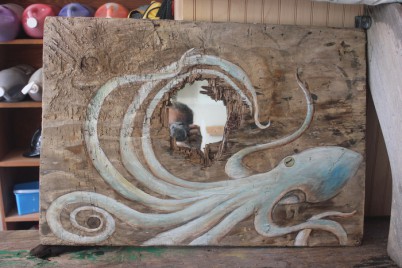 Octopus. Acrylic on driftwood with repurposed mirror, by Carolyn Munaco