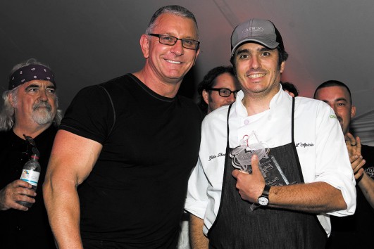 GrillHampton host Robert Irvine with the Judges’ Award winner, L’Apicio’s Gabe Thompson, for his Lamb Patties with Yogurt Sauce and Grilled Eggplant Capponata