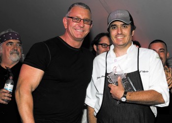 GrillHampton host Robert Irvine with the Judges’ Award winner, L’Apicio’s Gabe Thompson, for his Lamb Patties with Yogurt Sauce and Grilled Eggplant Capponata