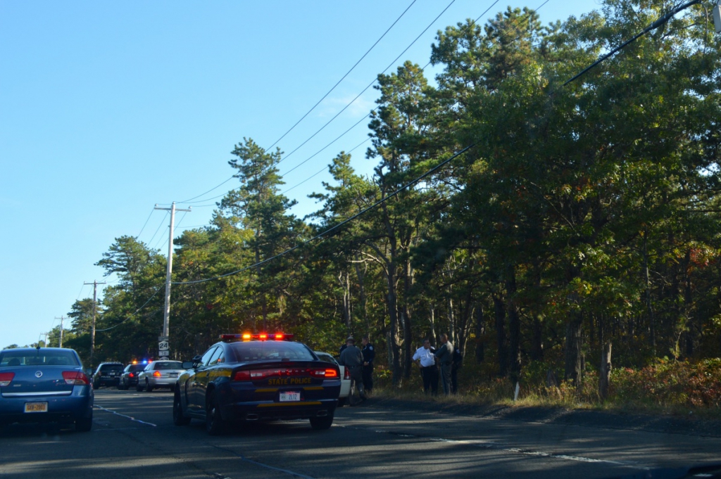 Southampton Town and New York State police on Flanders road where the suspects' vehicle was pulled over. Photo credit: Brendan J. O'Reilly