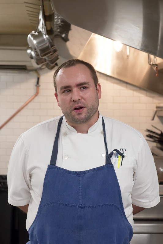 Details: Topping Rose House Chef Kyle Koenig spoke to the group about roasting as a method of cooking, which was carried throughout all courses of the meal preparation.