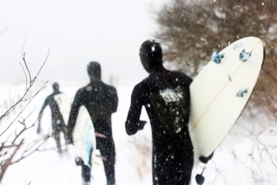 Local surfers in Montauk during Winter Storm Juno