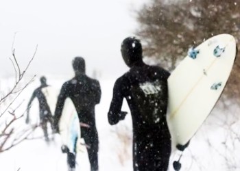 Local surfers in Montauk during Winter Storm Juno