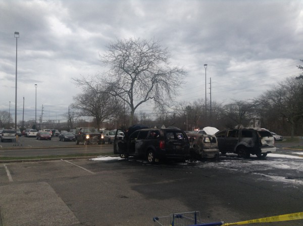 Car fire and explosion in Eastport King Kullen shopping center parking lot destroyed three vehicles and sent a man to the hospital.