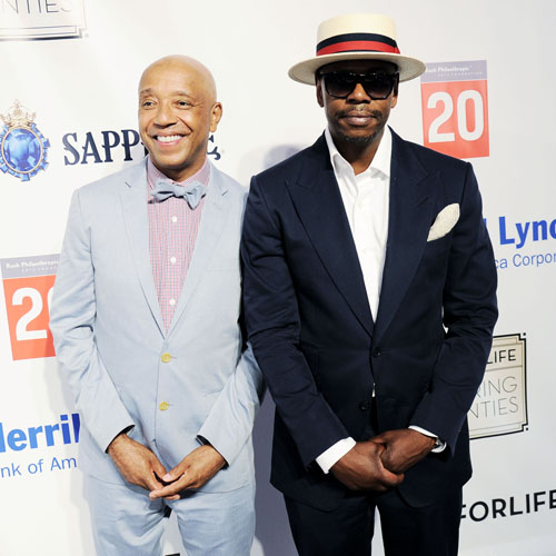 Russell Simmons and Dave Chappelle at Rush Philanthropic Arts Foundation Celebrates 20th Anniversary Art For Life Benefit Photo credit: Nicholas Hunt / PatrickMcMullan.com