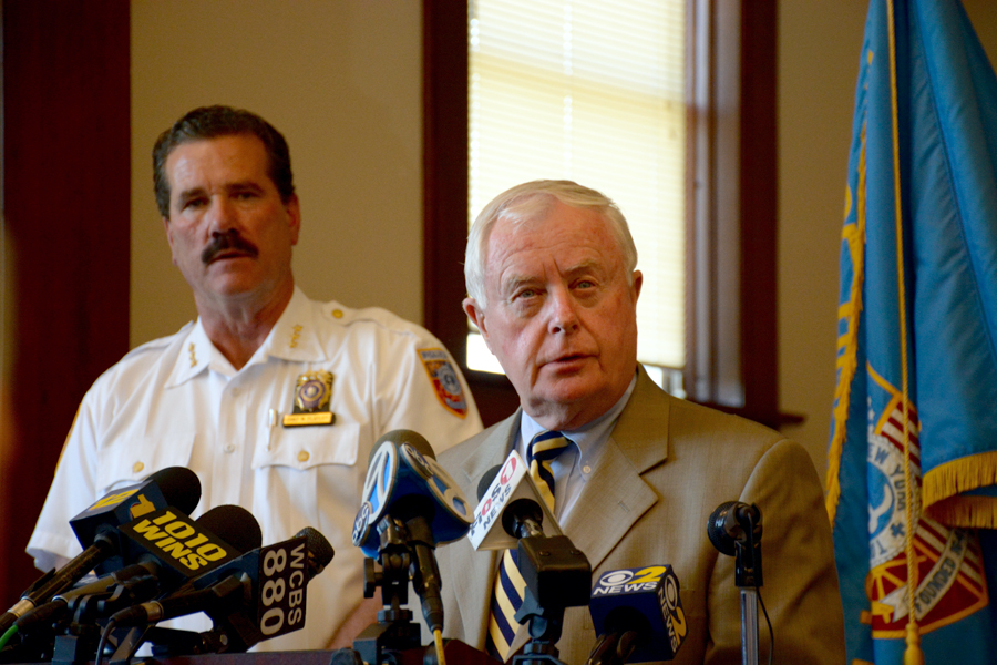 Southold Town Police Chief Martin Flatley and Suffolk County District Attorney Thomas Spota at Monday's press conference in Peconic.
