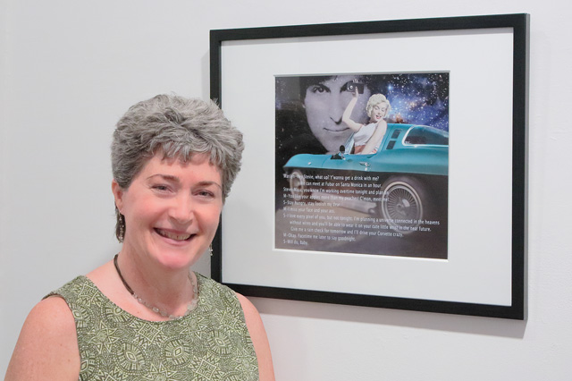 Jan LaRoche standing next to her print of digitized Marilyn in 1965 corvette with Steve Jobs in background and dialogue between the two
