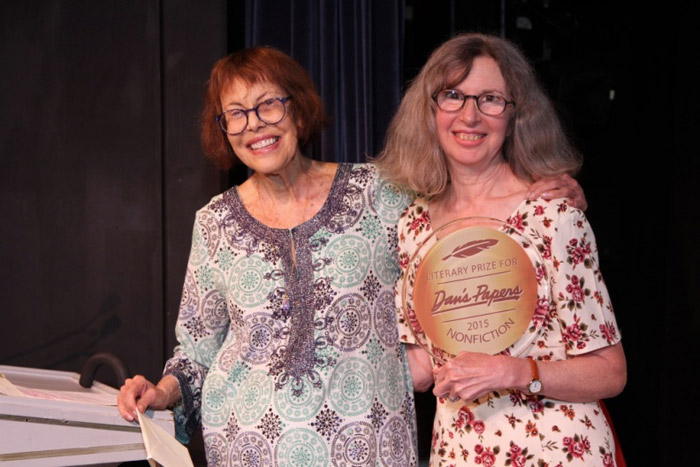 Presenter Barbara Goldsmith and 2015 Dan's Papers Literary Prize for Nonfiction winner Colette Sewall.