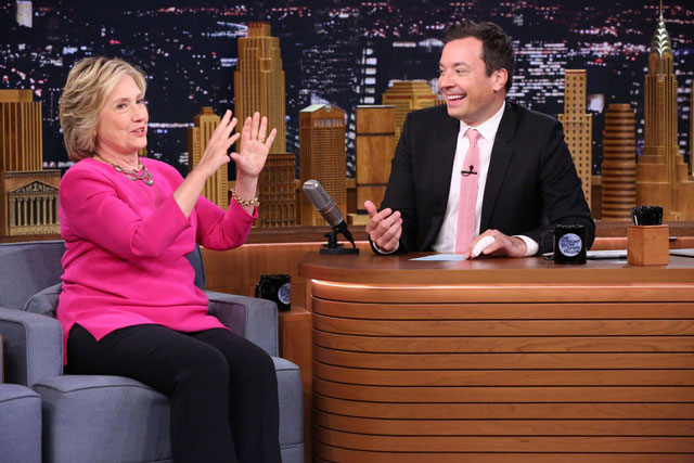 Hillary Clinton with Jimmy Fallon. on <i>The Tonight Show.</i>