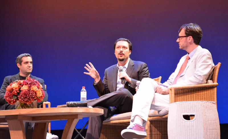 "Truth" director and screenwriter James Vanderbilt, center, discusses his film with producer Brad Fischer, left, and HIFF Artistic Director David Nugent, right, during a talkback following the opening night screening