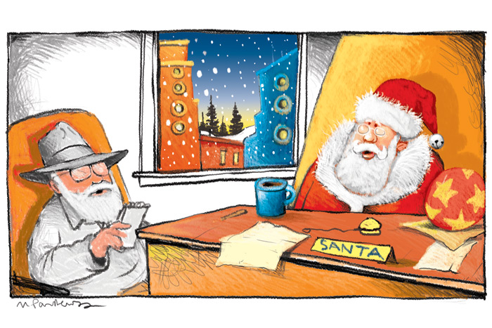 Santa and Dan cartoon by Mickey Paraskevas