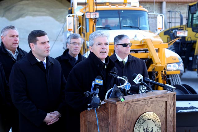 Suffolk County Executive Steve Bellone announces storm preparations. 
