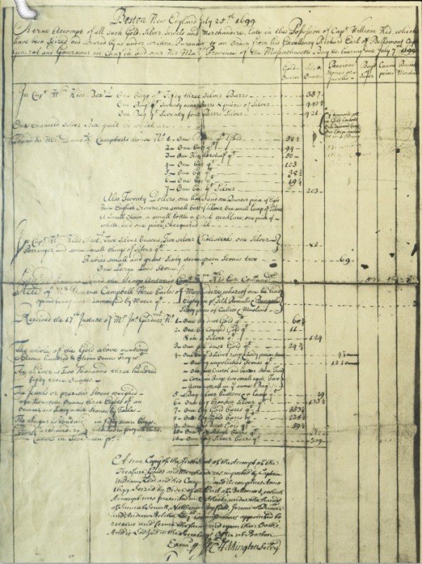 The original receipt given John Gardiner when the British Crown dug up Captain Kidd’s treasure. The receipt can be seen at the East Hampton Library, also a piece of gold cloth the pirate gave Mrs. Gardiner