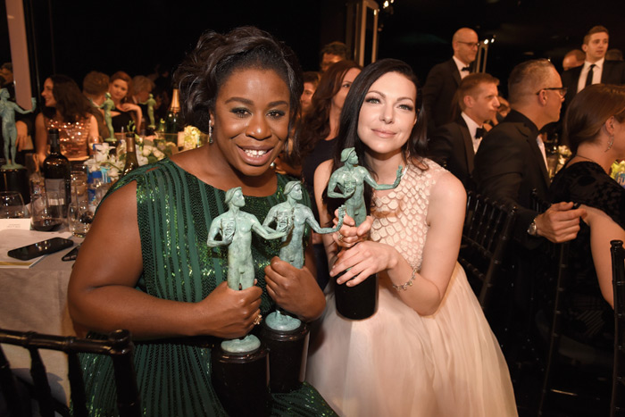 Uzo Aduba and Laura Prepon attend The 22nd Annual Screen Actors Guild Awards