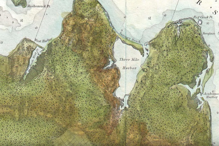 Three Mile Harbor area in a historic 1857 Hamptons map