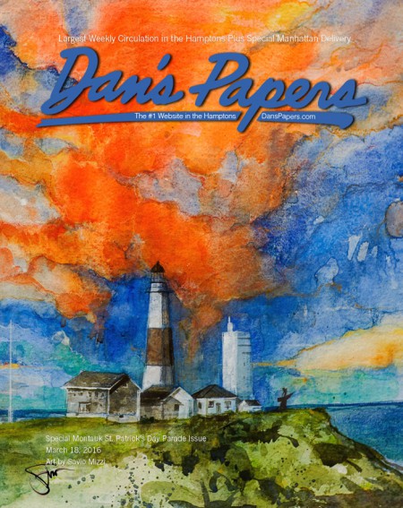 Savio Mizzi's March 18, 2016 Dan's Papers cover art features the Montauk Lighthouse