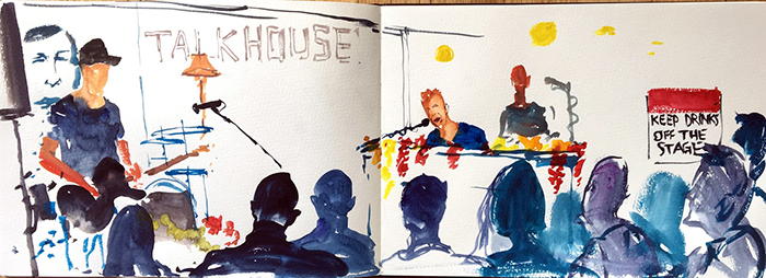 Coldplay onstage at Talkhouse, by Mickey Paraskevas