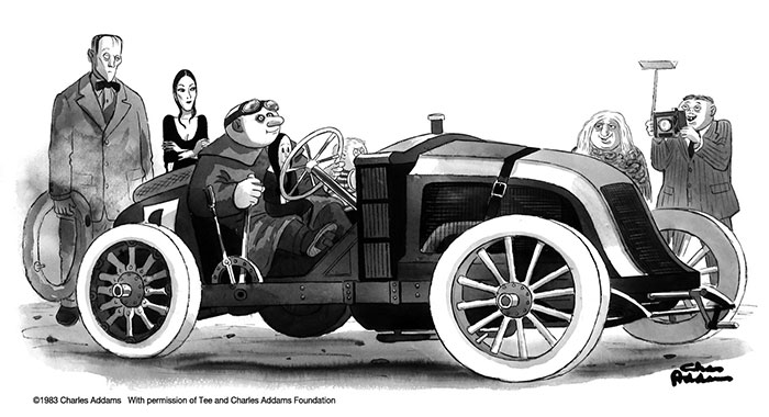 Charles Addams racing car cartoon