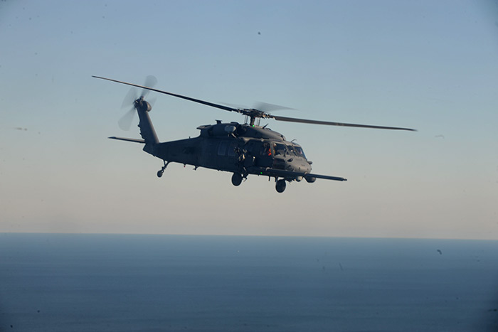 An HH-60 Pavehawk over Westhampton Beach