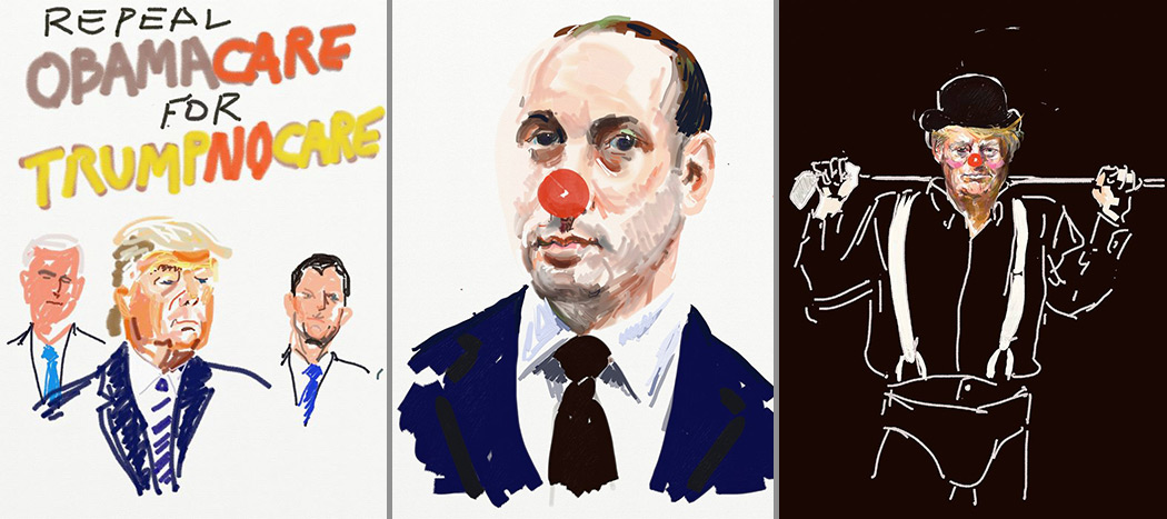 Trump, Mike Pence and Paul Ryan, Stephen Miller and Trump as Alex the droog by Eric Fischl