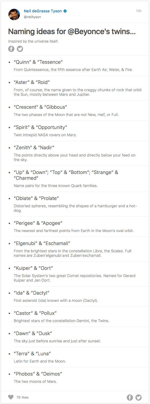 Neil de Grasse Tyson's list of Beyonce's twin baby names