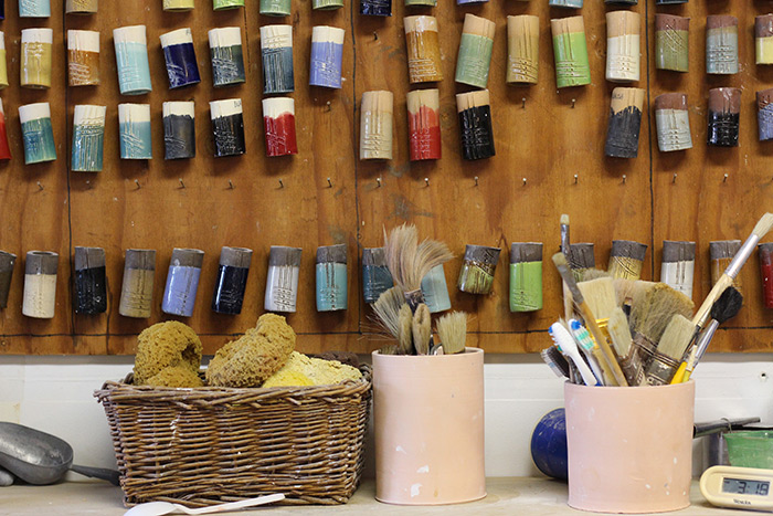 Glaze samples in Nancy Robbins' studio