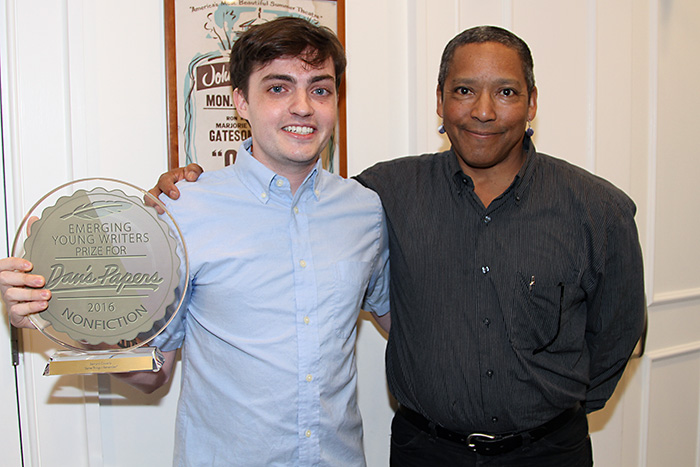 2016 Emerging Young Writers Prize recipient Bernard Casserly is congratulated by inaugural Literary Prize recipient James Keith Phillips