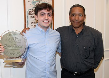 2016 Emerging Young Writers Prize recipient Bernard Casserly is congratulated by inaugural Literary Prize recipient James Keith Phillips