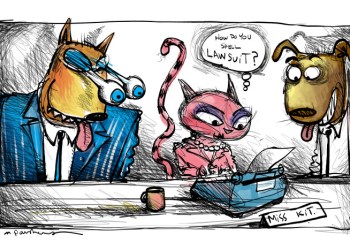 Cat and dogs lawsuit cartoon by Mickey Paraskevas