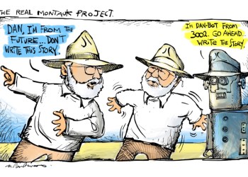 The Dark Files, Montauk Project, Camp Hero Dan Rattiner cartoon by Mickey Paraskevas