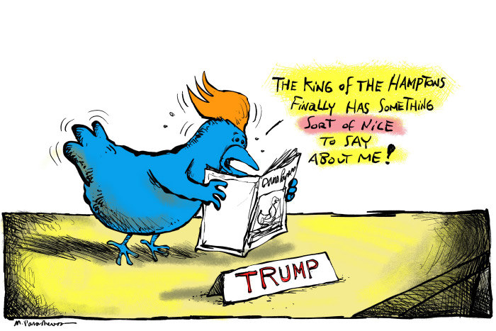 Donald Trump reads Dan's Papers cartoon by Mickey Paraskevas