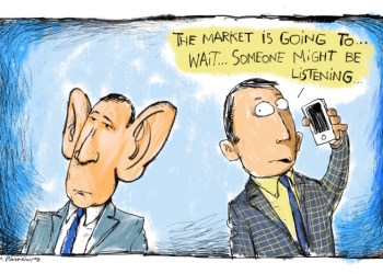 Eavesdropping cartoon by Mickey Paraskevas