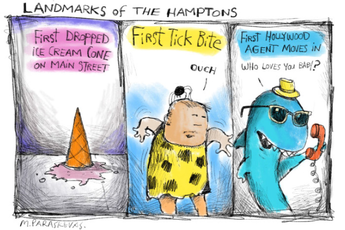 Hamptons landmarks cartoon by Mickey Paraskevas