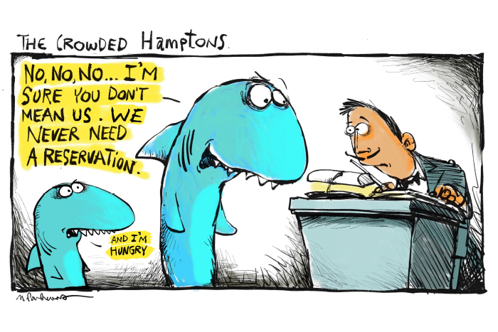 Hungry sharks cartoon by Mickey Paraskevas