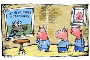 Hurricaines and pigs cartoon by Mickey Paraskevas