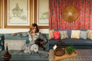 Lisa Fine with GoGo and Pasha (left), Irving and Fine room (right), from the ARF Designer Show House