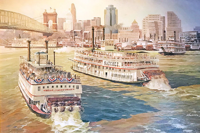Painting by Michael Blaser of the paddleboat Natchez steaming off New Orleans with the City of St. Louis