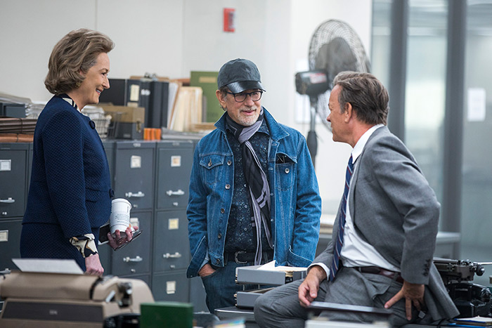 Meryl Streep, Steven Spielberg and Tom Hanks filming "The Post"